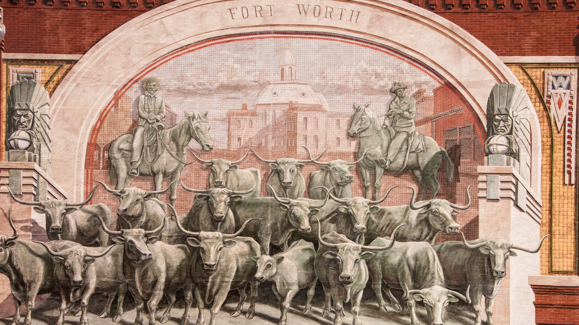 Fort Worth mural featuring Texas longhorn cattle and riders